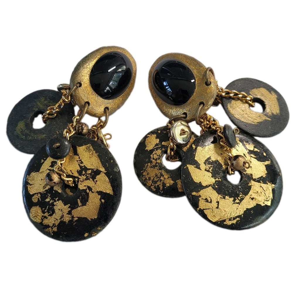 Black Gold Clip On Earrings Brutalist Assemblage Punk Modernist Statement